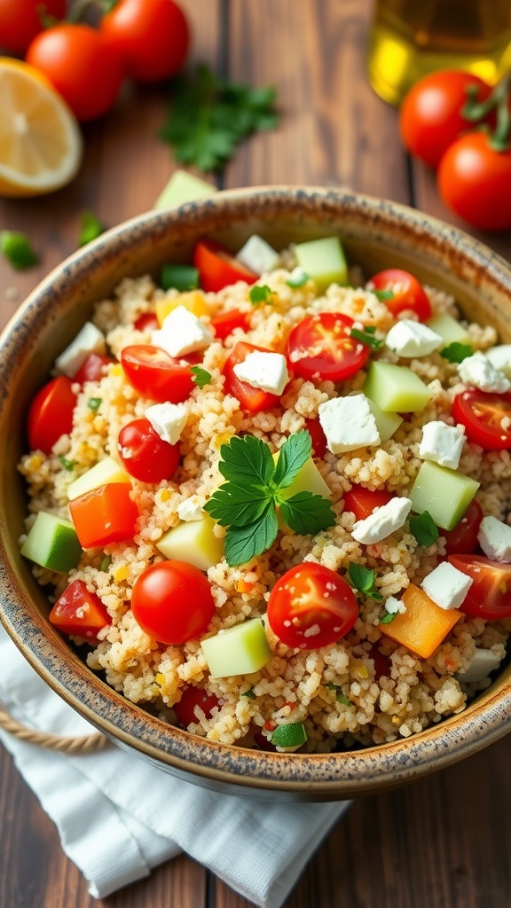 A vibrant quinoa salad with tomatoes, cucumbers, bell peppers, feta cheese, and parsley in a rustic bowl.